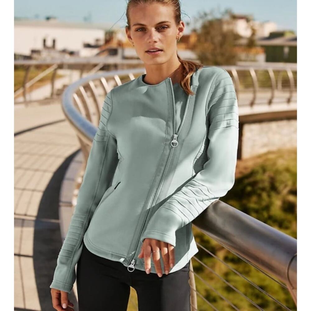 Athleta Fleece Lightweight Asymmetrical Zip Moto Jacket Sage Green Size M